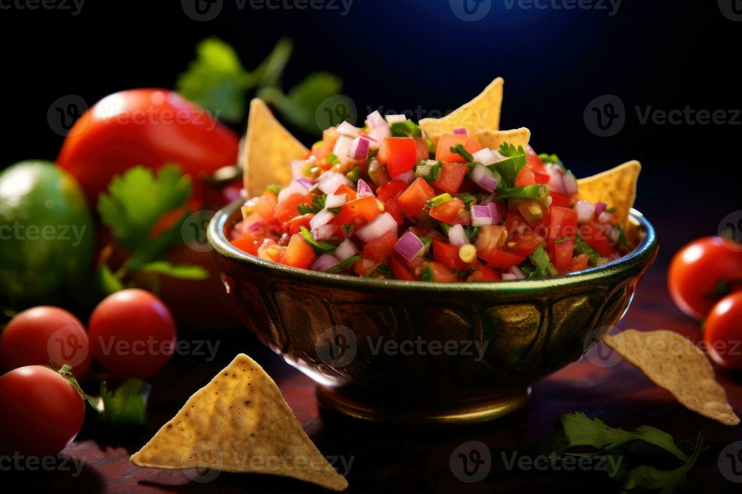 AI generated Salsa in bowl, served with tortilla chips and vegetables on wooden table. Traditional Mexican dish. On dark background. Ideal for food, restaurant advertisements, cookbooks photo