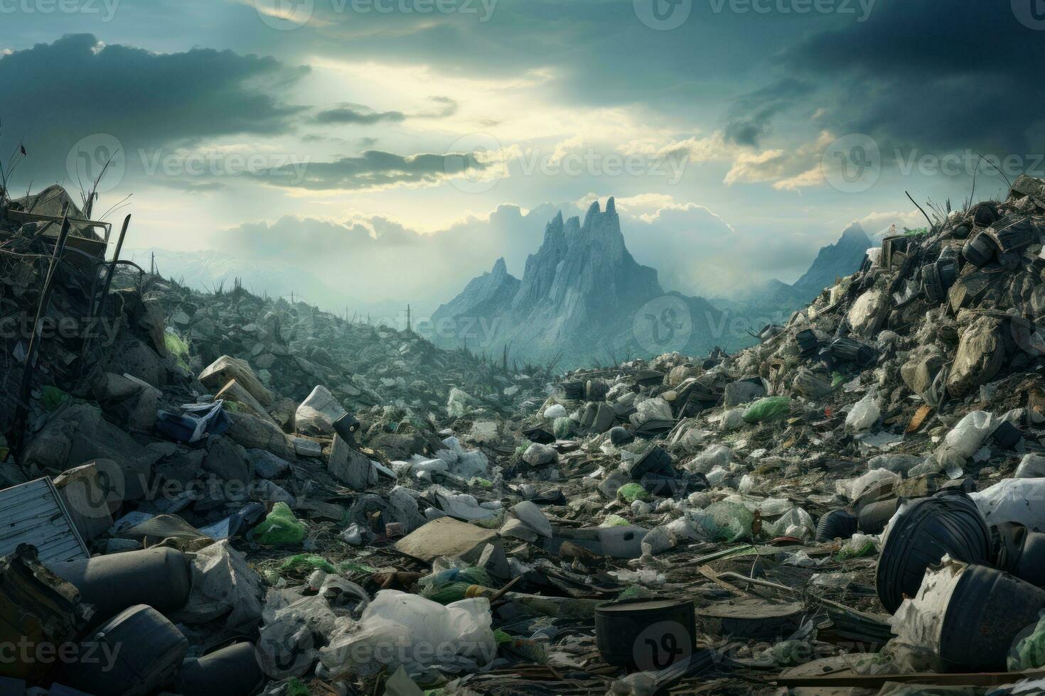 AI generated Large pile of garbage and discarded items under a stormy sky. A landfill with cans, bottles, and other trash. Ideal for waste management, environmental or pollution-related content photo