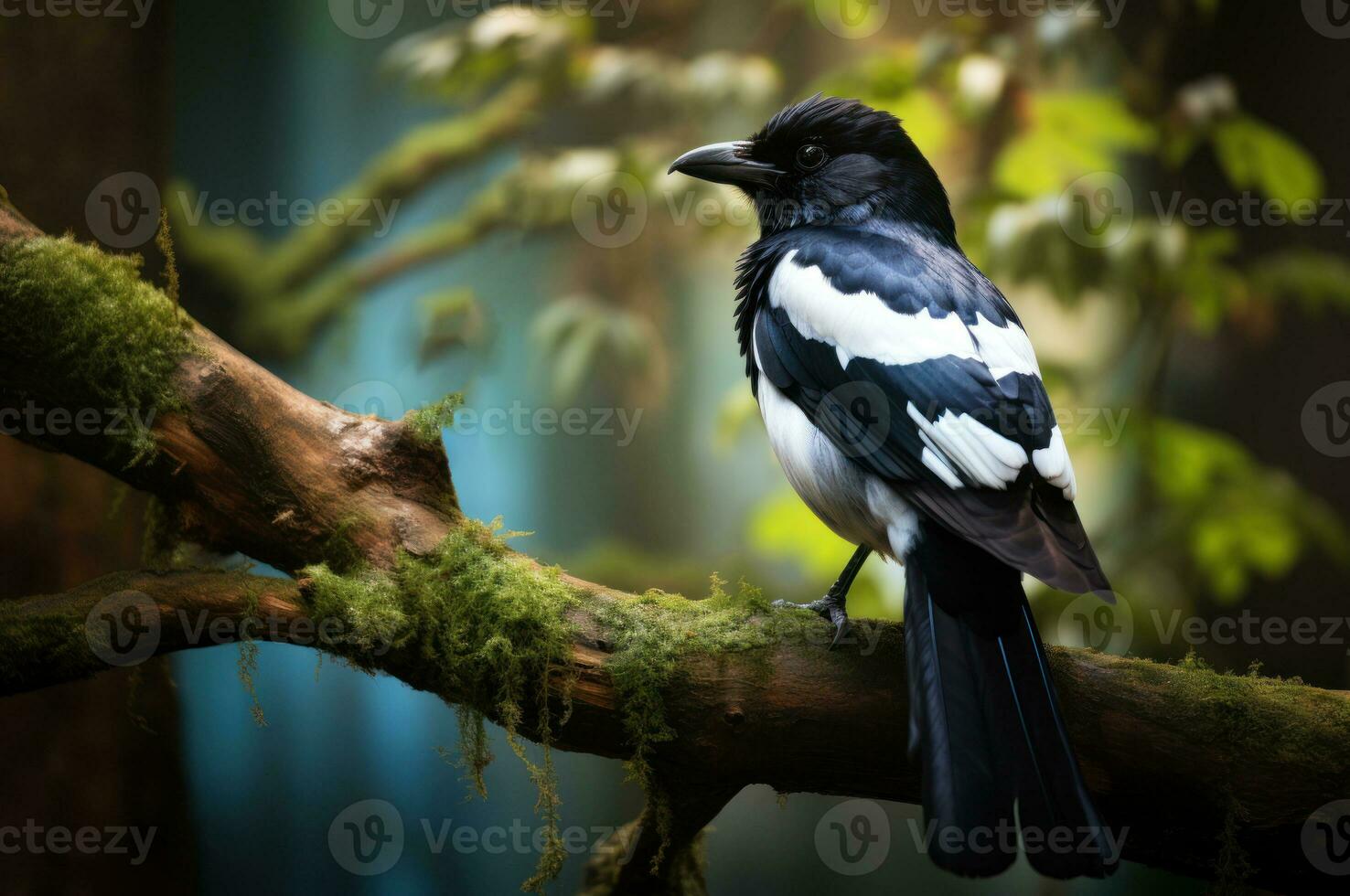 AI generated Beautiful magpie on tree branch in a tranquil forest. Nature and wildlife. Yellow green blurred background. Black and white plumage of a bird. Ornithology. Postcard, banner, poster photo