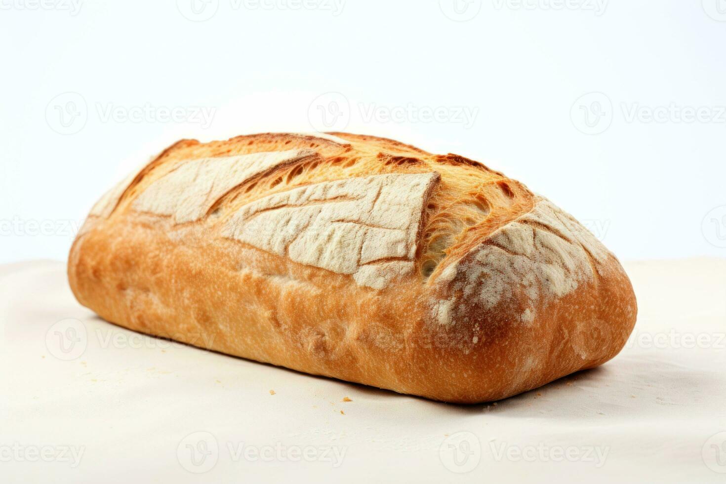 AI generated Bread on white background. Freshly baked golden brown loaf of bread with a crispy crust. Made from organic whole grain wheat flour. Healthy food. For bakery, food blog, recipe book, cafe photo