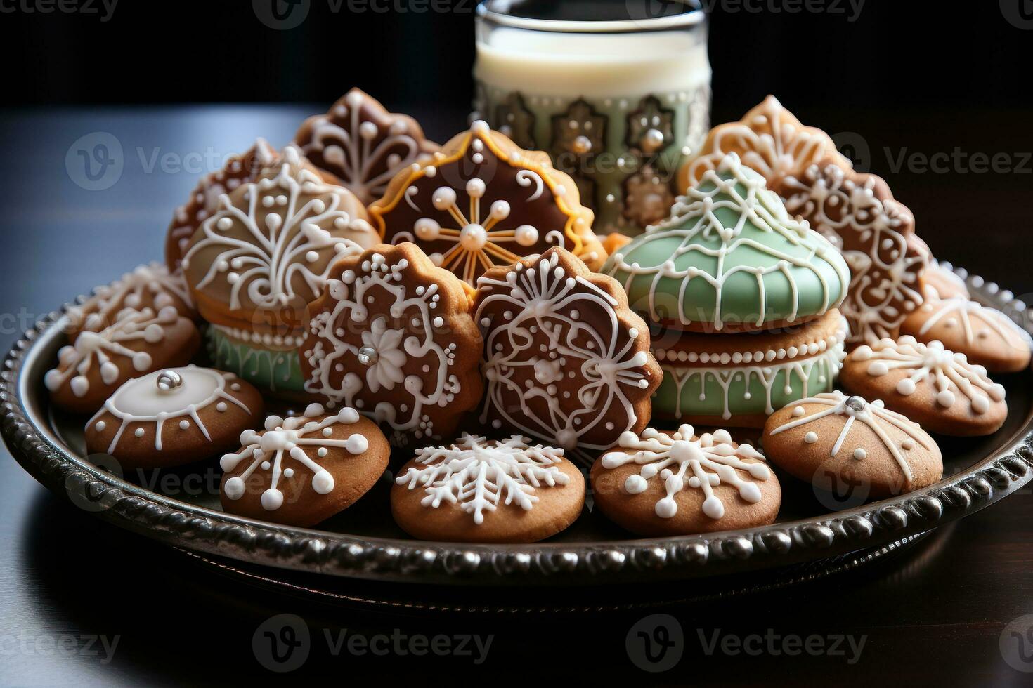 AI generated Close up shot of christmas cookies arranged in a wreath pattern showcasing a central gingerbread house cookie, merry christmas images photo