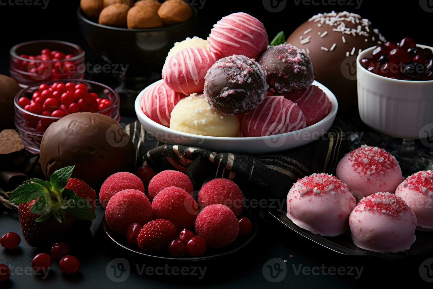 AI generated Overhead view of a festive holiday dessert display with strawberries truffles and candies, christmas picture photo