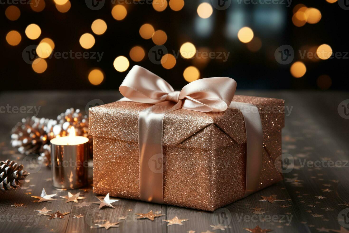 AI generated Festive gift box with a radiant bow displayed on a rustic wooden table against a backdrop of snowflakes, merry christmas images photo