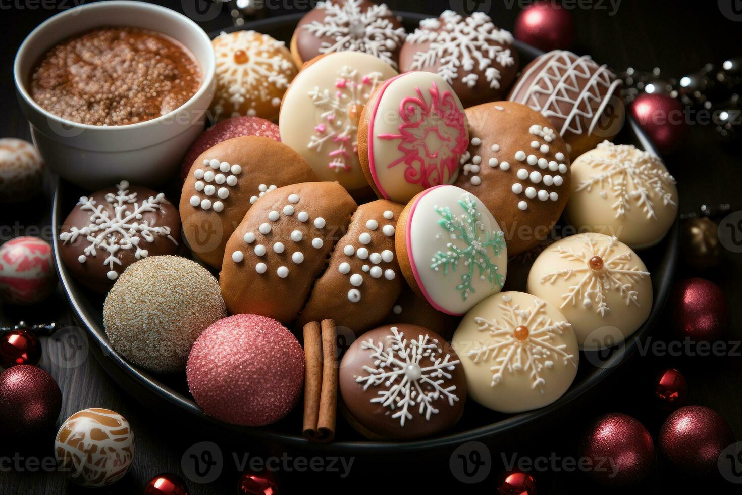 AI generated Close up shot of a sweet holiday spread highlighting a gingerbread house amidst a variety of tempting christmas cookies, xmas images photo