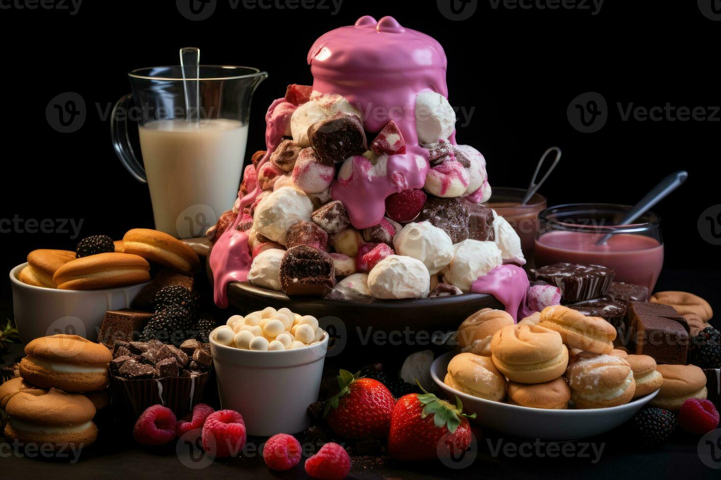 AI generated Dynamic shot of a chocolate fondue fountain surrounded by marshmallows fruits and holiday cookies, christmas background photo