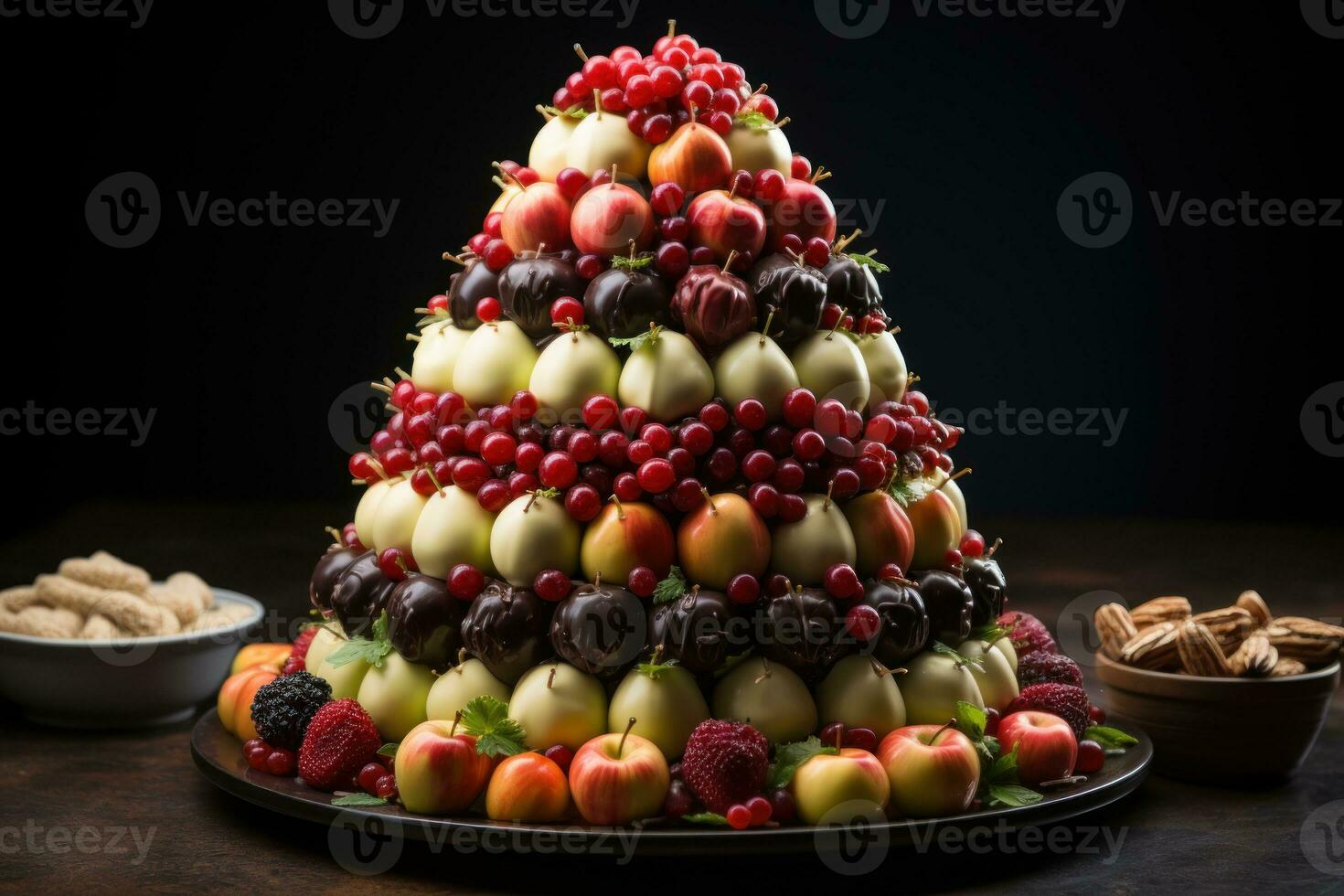 AI generated Create a sweet celebration with a christmas tree of chocolate dipped fruit skewers, christmas wallpaper photo