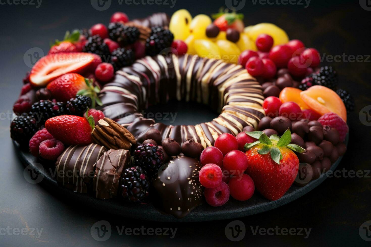 AI generated Chocolate covered fruit slices in a wreath design, christmas wallpaper photo