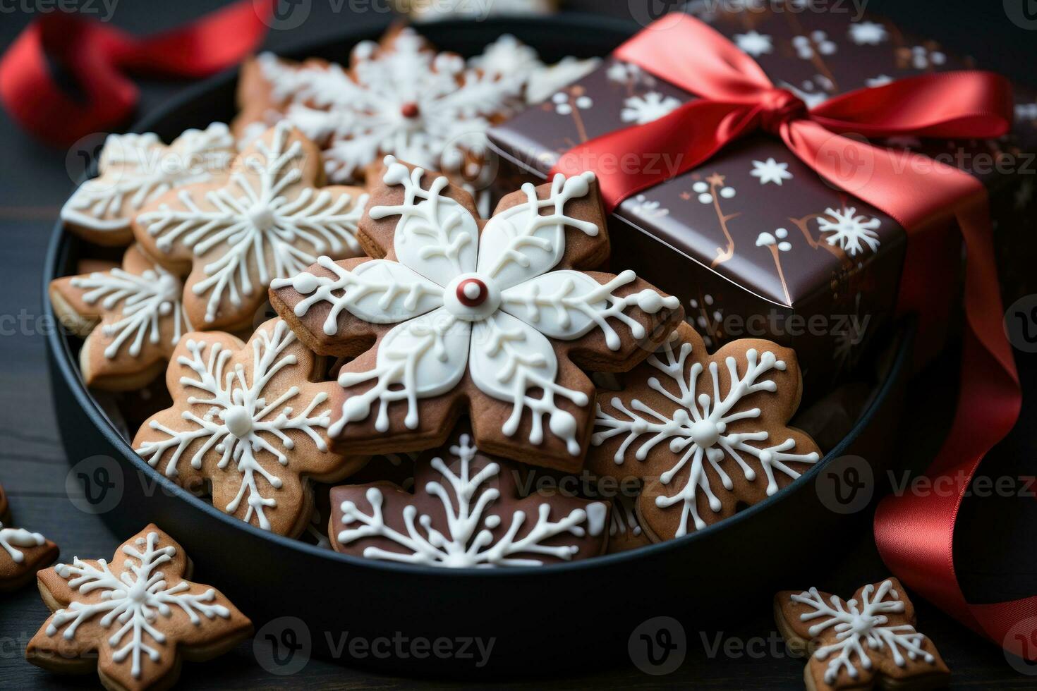 AI generated Close up scene of christmas cookies artfully arranged in a snowflake shape centered around a delightful gingerbread house cookie, merry christmas images photo