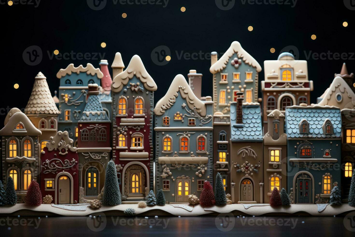 AI generated Close up scene of a holiday village created from gingerbread house cookies each adorned with unique and delightful decorations, merry christmas images photo