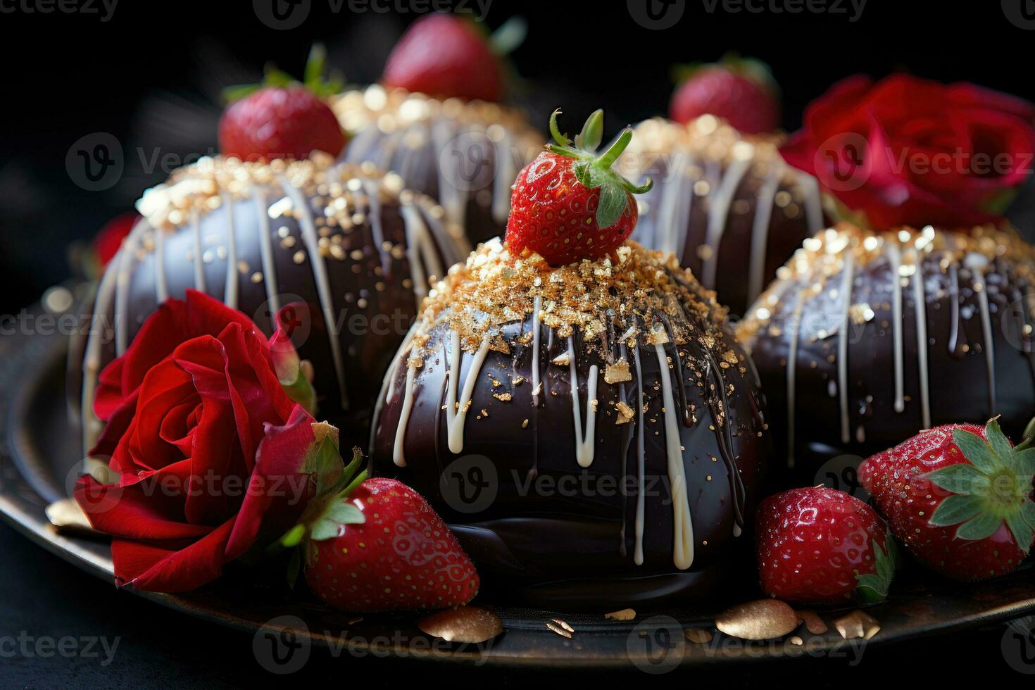AI generated Luxurious chocolate dipped strawberries adorned with edible gold for a festive treat, christmas background photo