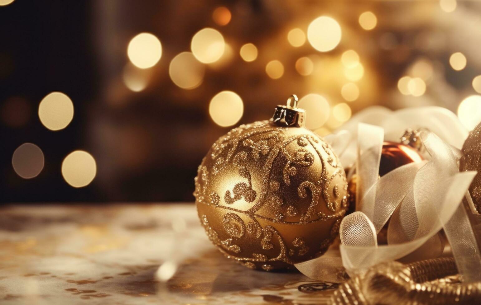 AI generated christmas background with snow and golden balls with green trees in the snow. photo