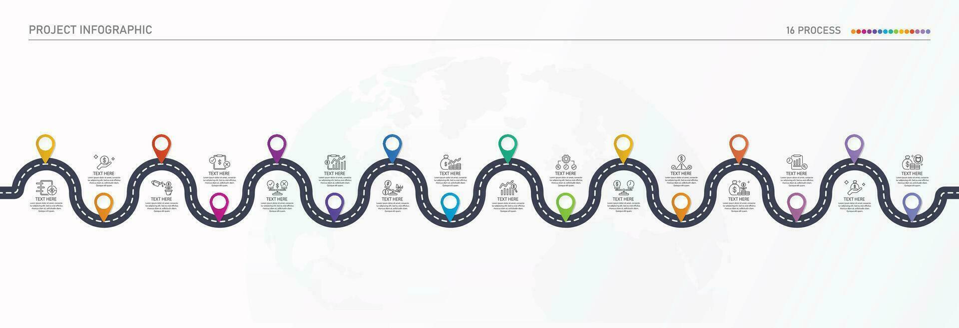 la carretera camino infografía de dieciséis pasos y negocio íconos para Finanzas proceso pasos. vector