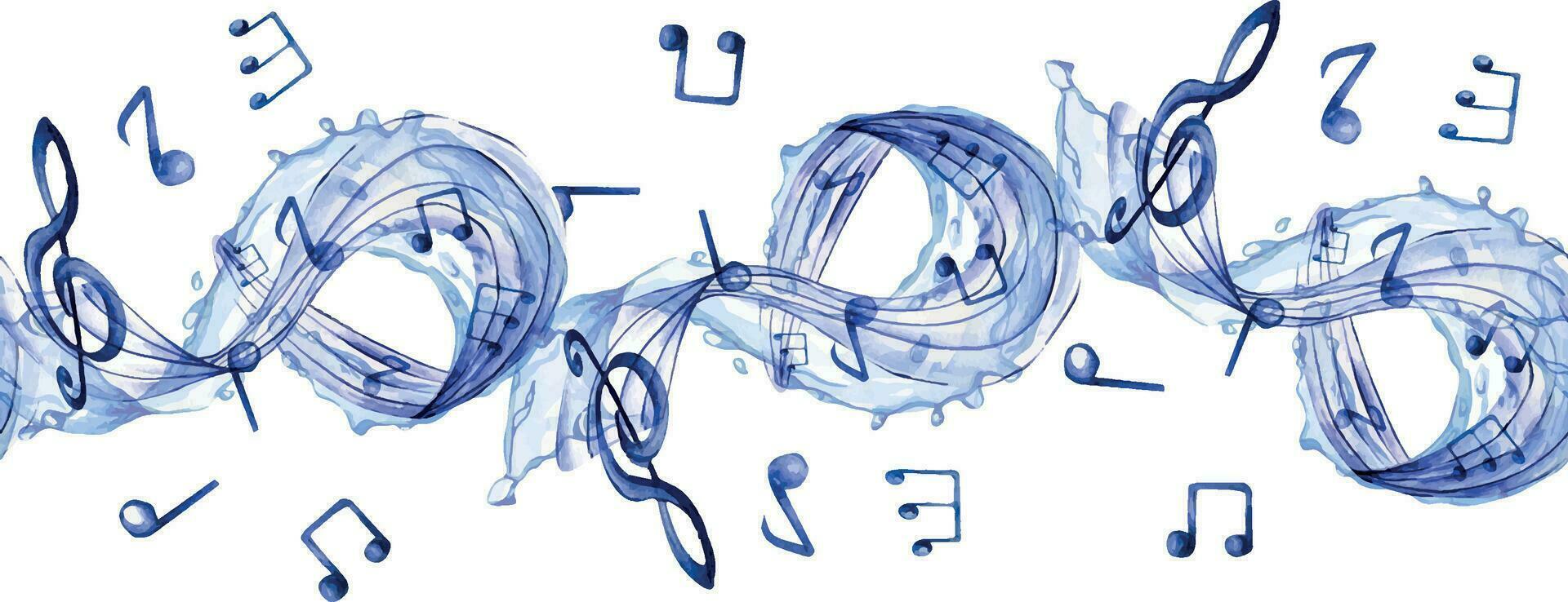 Musical note watercolor illustration. Treble clef and notes isolated on white background. Seamless border of musical wave, signs hand drawn. Musical symbols hand painted. Design element for flyer vector