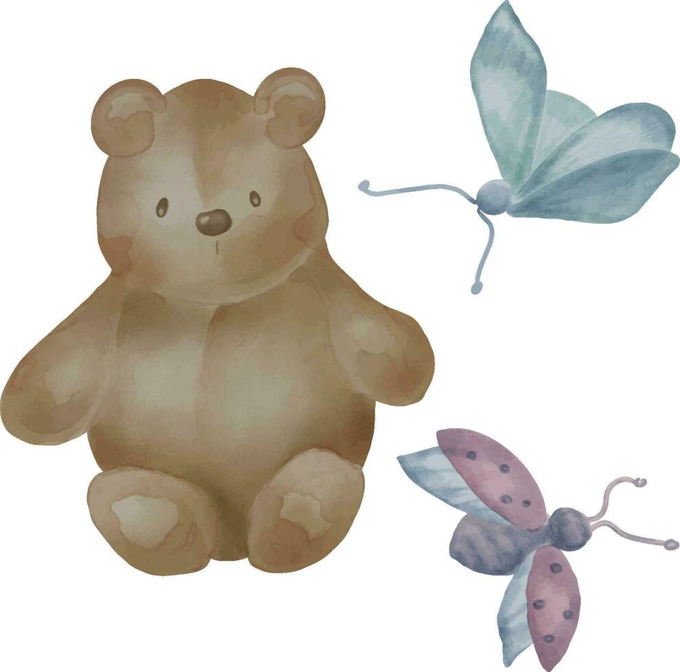 Soft toy for baby watercolor illustration isolated on white background. Hand drawn plush bear and butterfly. Teddy bear in neutral colors. Cute bear for birthday card or newborn shower, invitation vector