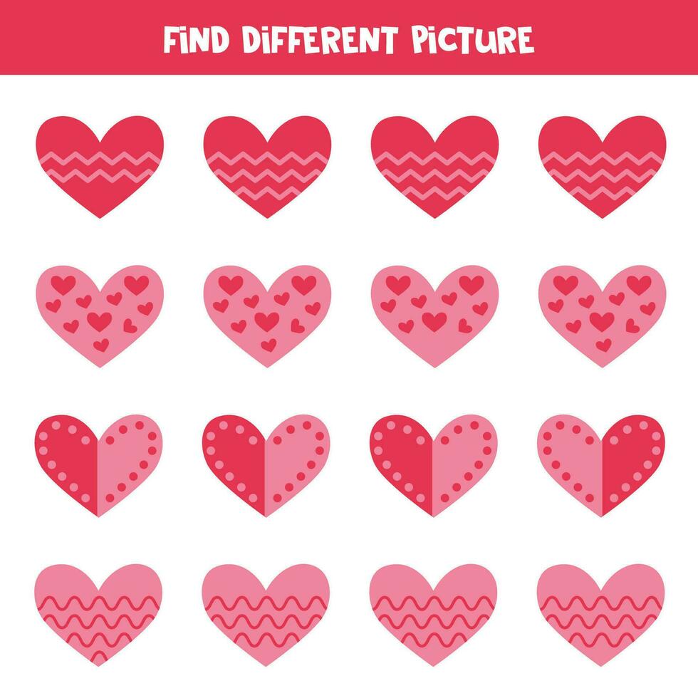 Find different pink heart in each row. Logical game for preschool kids. vector