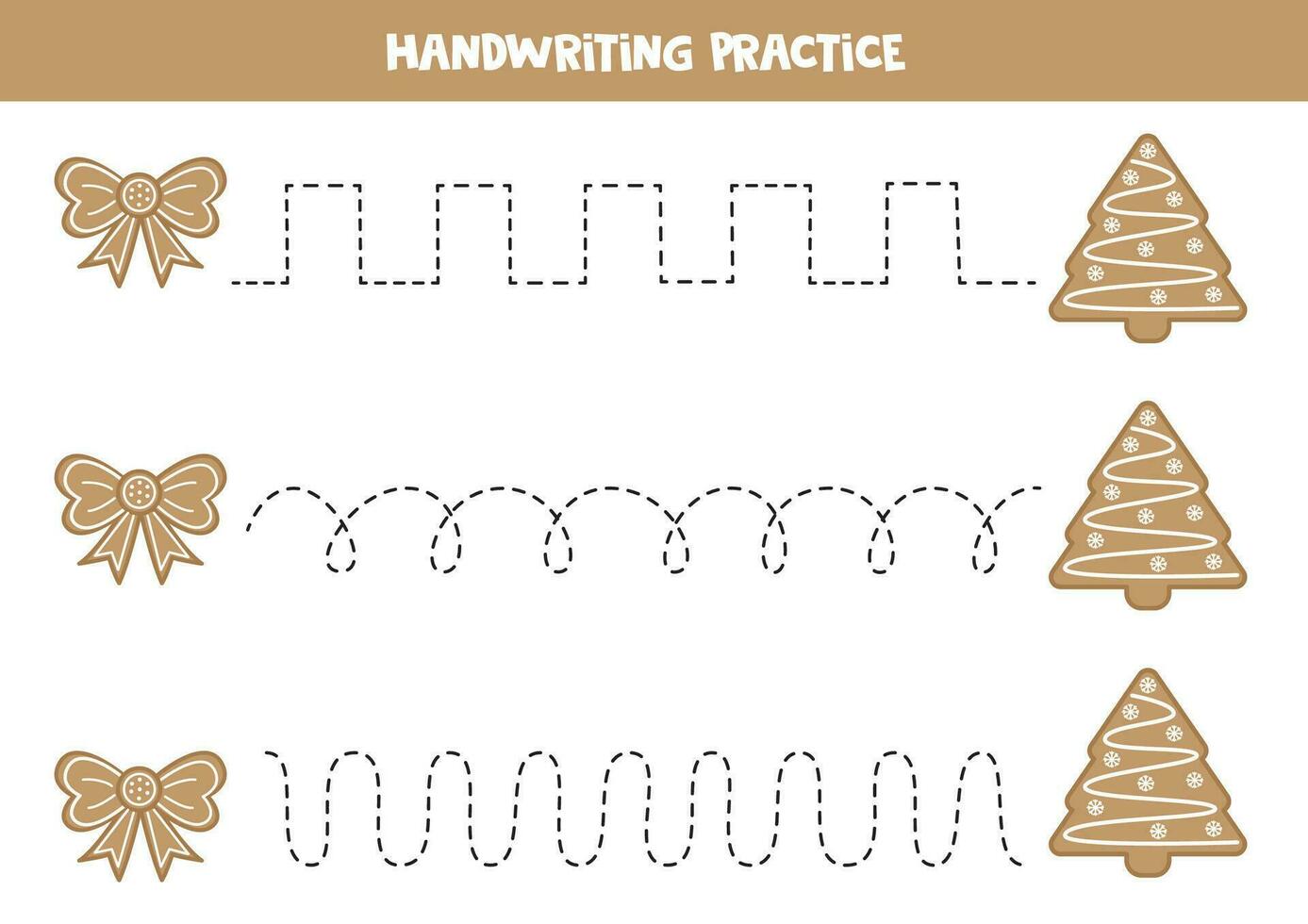 Tracing lines for kids. Cute cartoon gingerbread bow and fir tree. Handwriting practice. vector