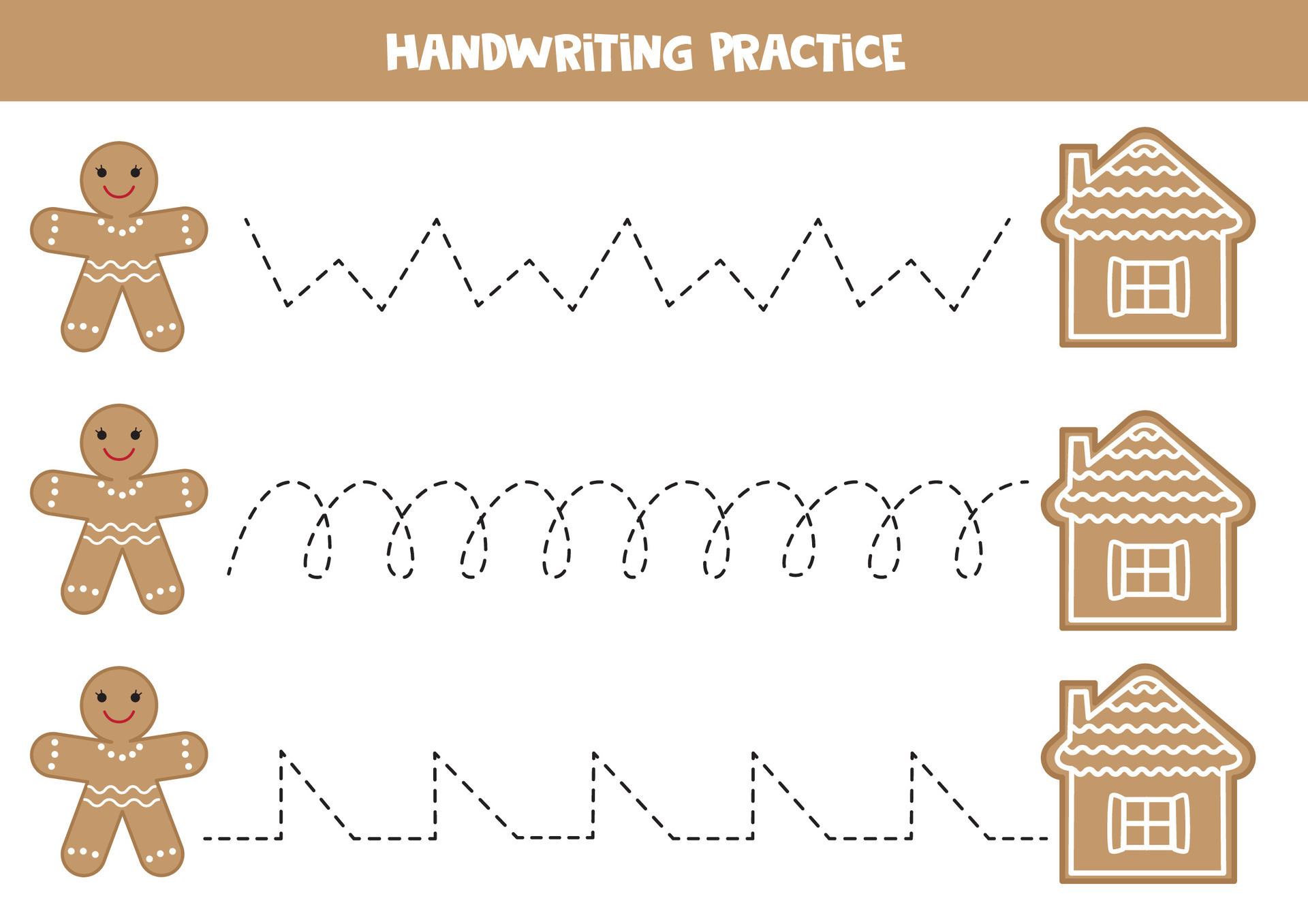 Tracing lines for kids. Cute cartoon gingerbread man and house