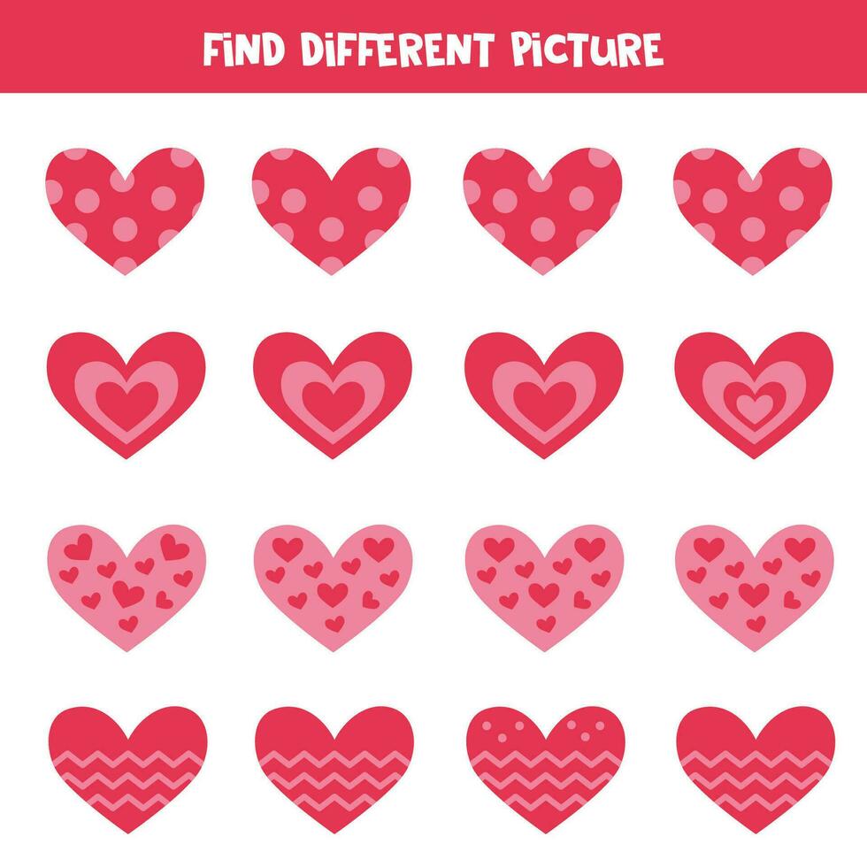 Find different pink heart in each row. Logical game for preschool kids. vector