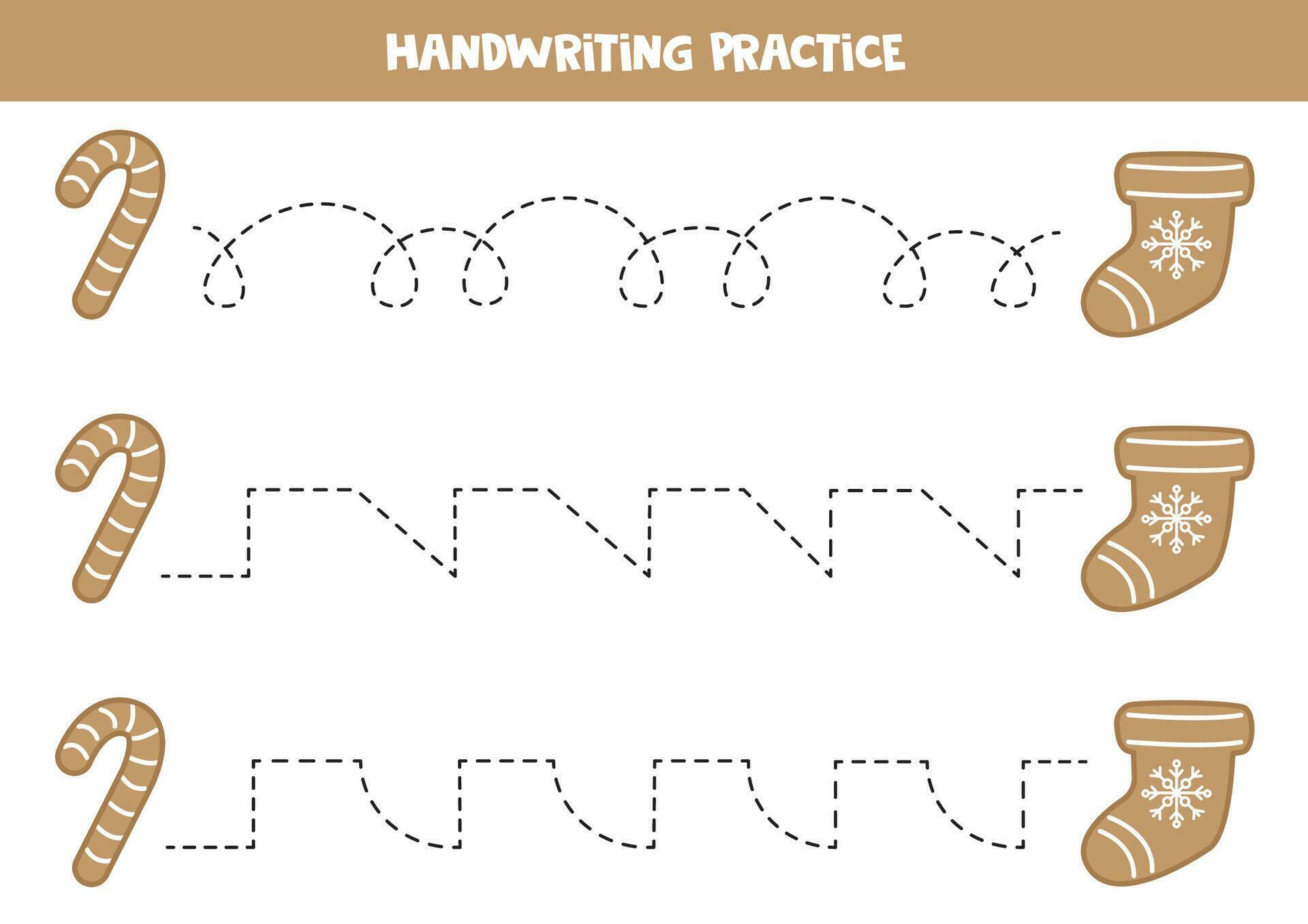 Tracing lines for kids. Cute cartoon gingerbread candy cane and