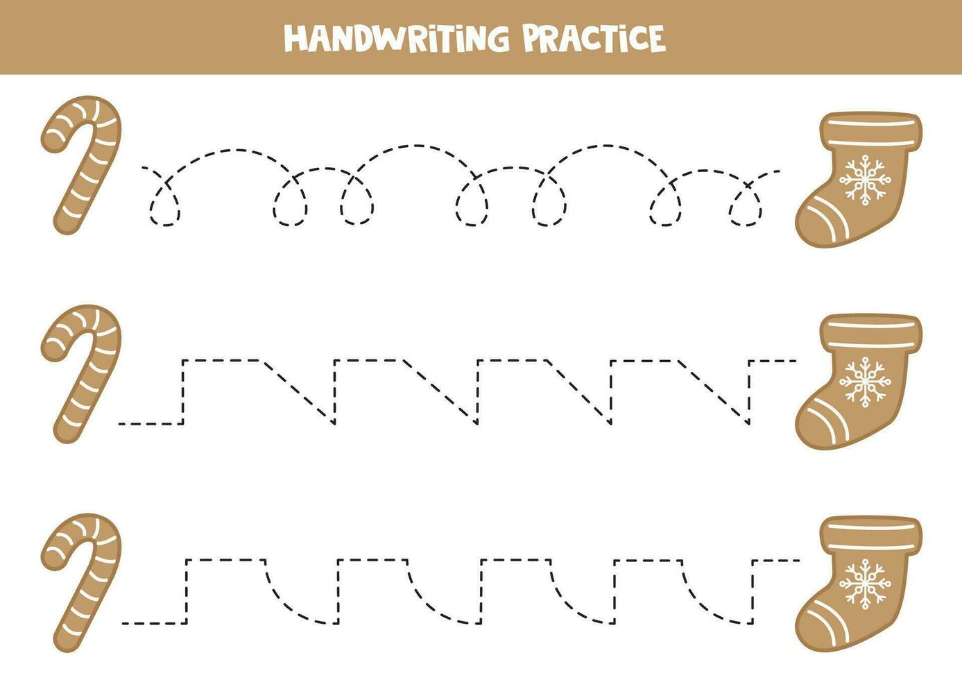 Tracing lines for kids. Cute cartoon gingerbread candy cane and stocking. Handwriting practice. vector
