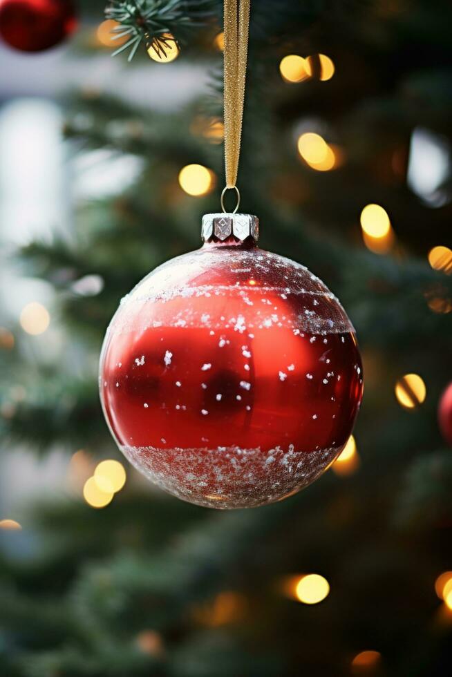 AI generated A beautiful close-up of a traditional Christmas ornament hanging on a tree branch photo