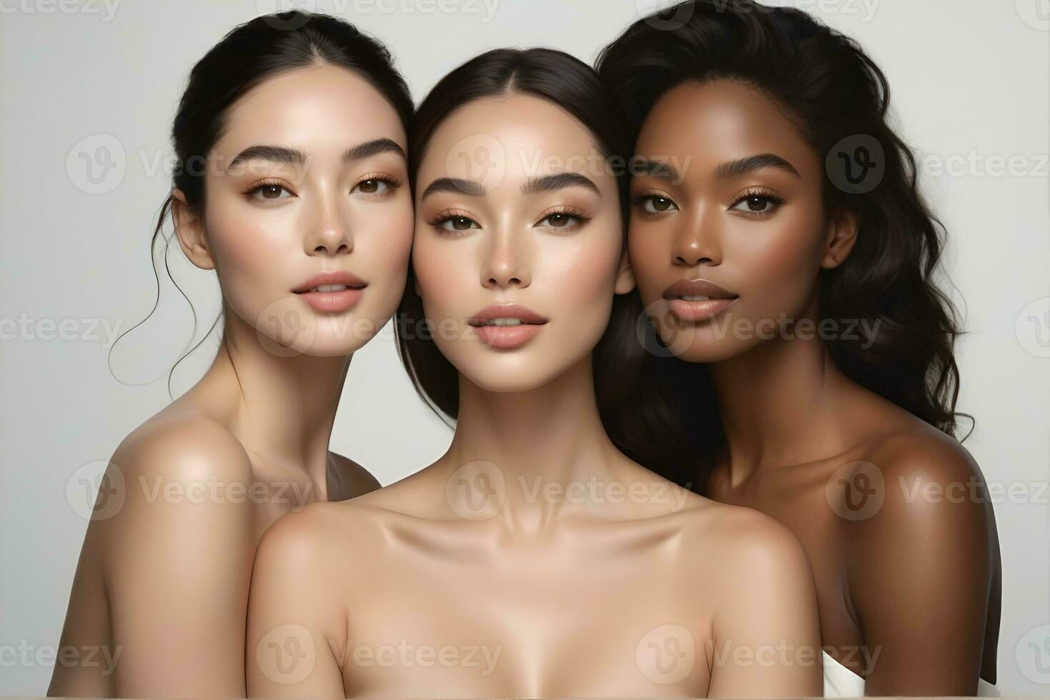 ai generado hermosa joven multiétnico mujer con natural constituir. publicidad para hembra Moda modelos, cara y cuerpo piel cuidado. foto