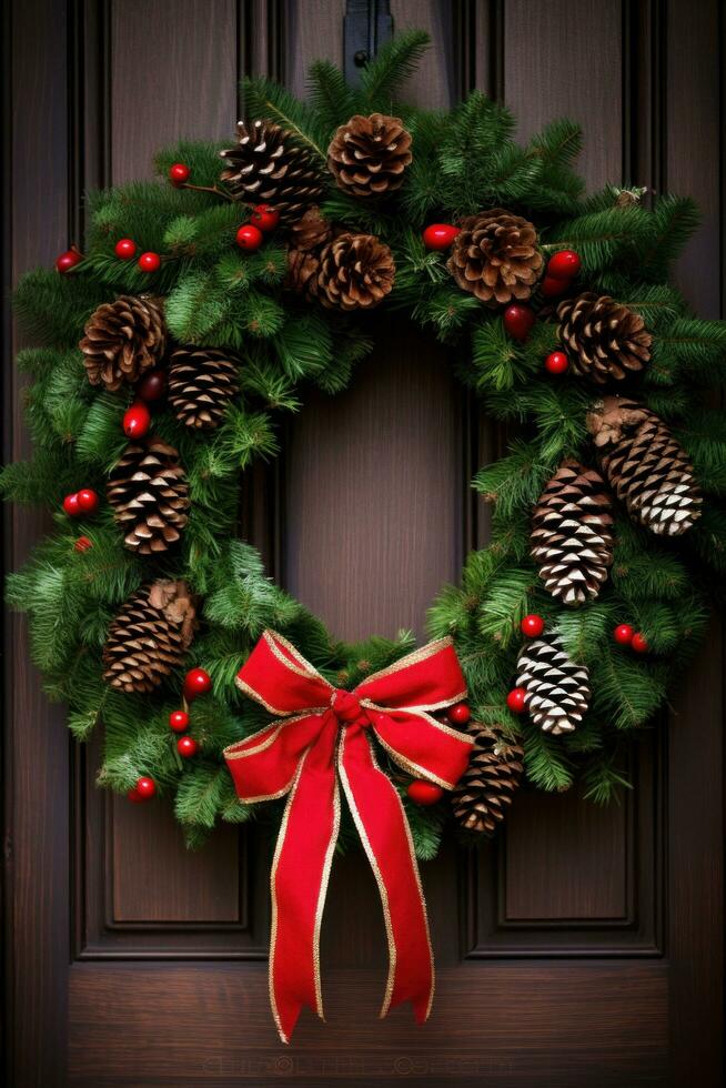 AI generated A festive wreath made up of pine cones and holly berries, photo