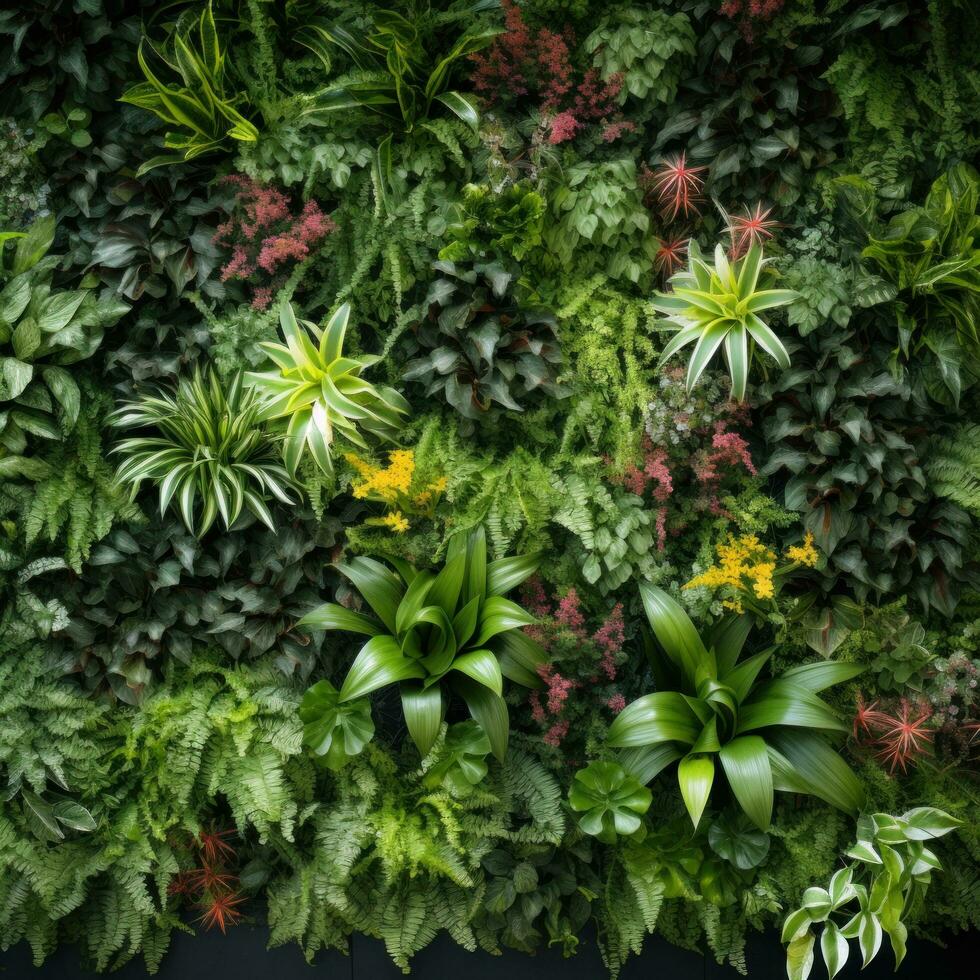 ai generado cubierto de plantas muro, con varios planta especies arreglado en un hermosa modelo. foto