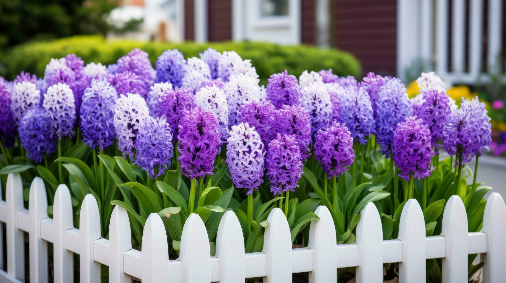 AI generated A garden bed full of purple and white hyacinths with a white picket fence in the background photo