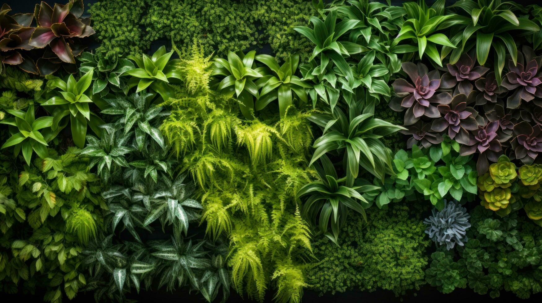 AI generated plant-covered wall, with various plant species arranged in a beautiful pattern. photo