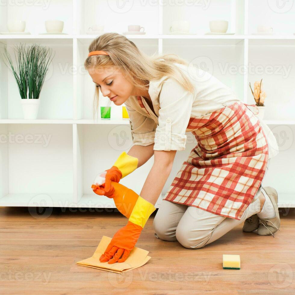 Cheerful housewife cleaning photo