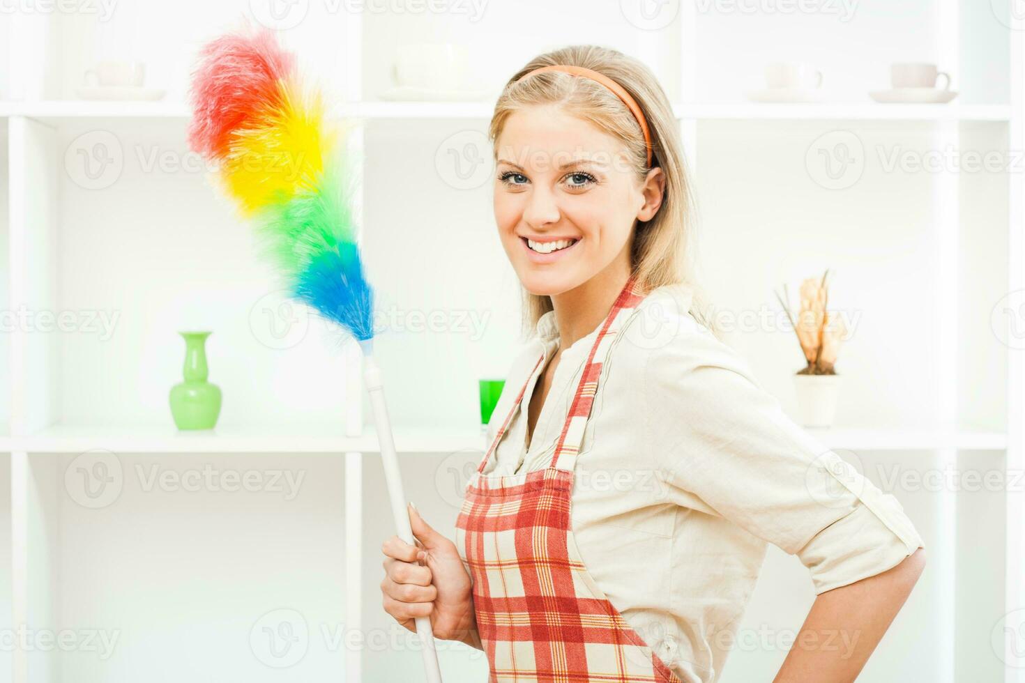 Cheerful housewife cleaning photo