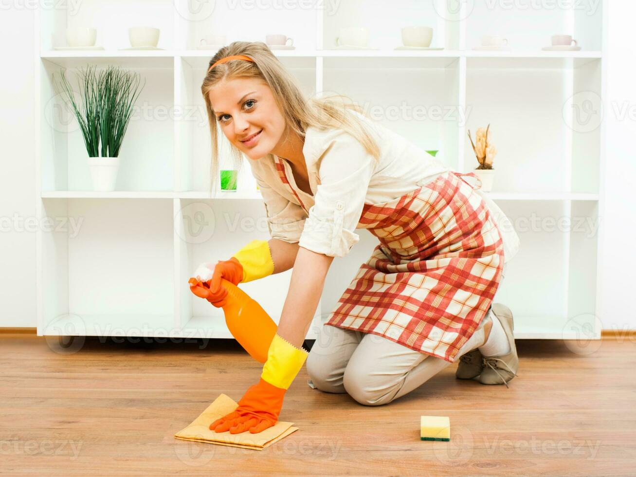 Cheerful housewife cleaning photo