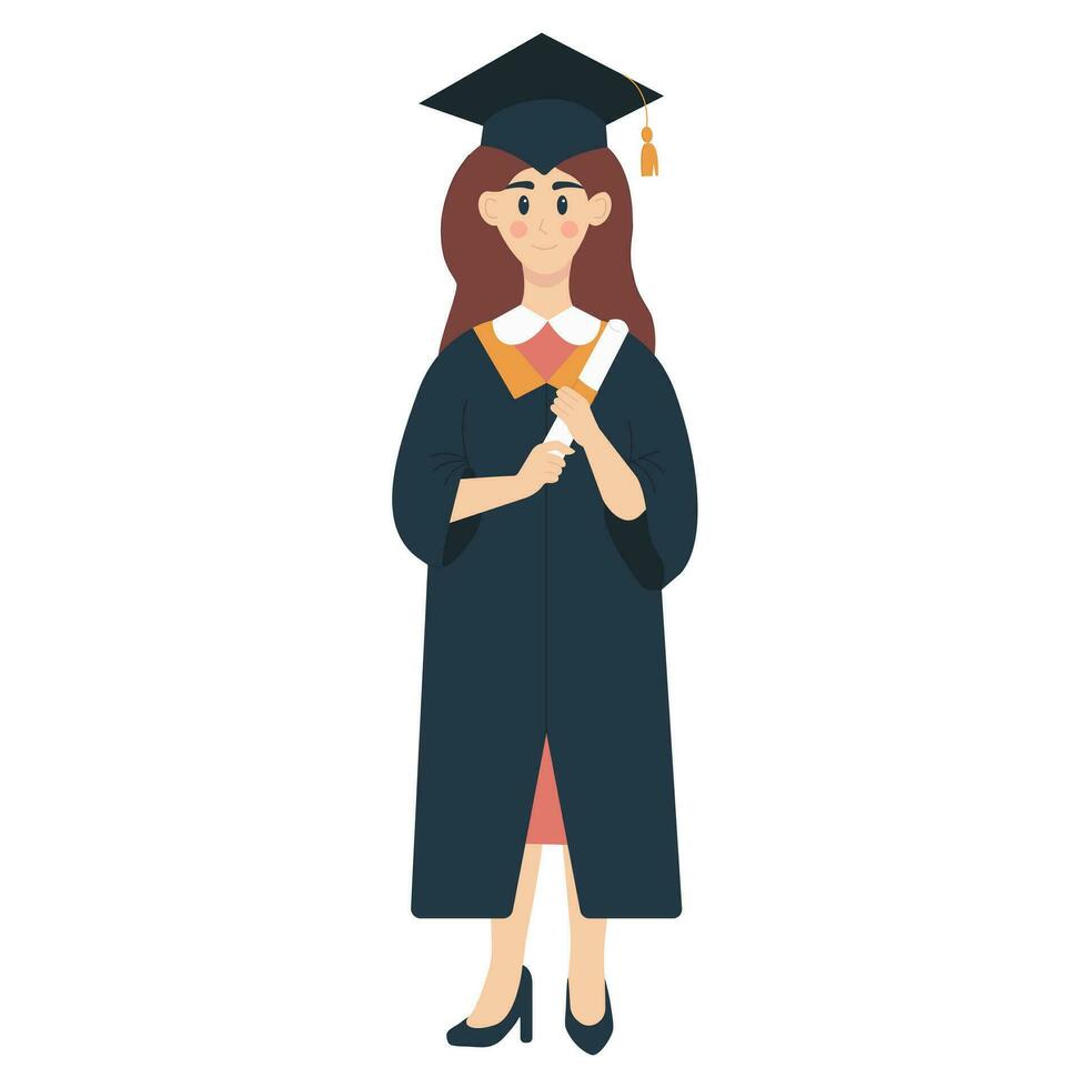 niña con un diploma en su manos en un graduación traje y graduación gorra vector