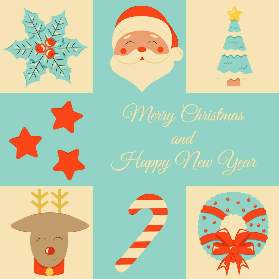 Christmas and New Year poster and greeting card in retro style. vector