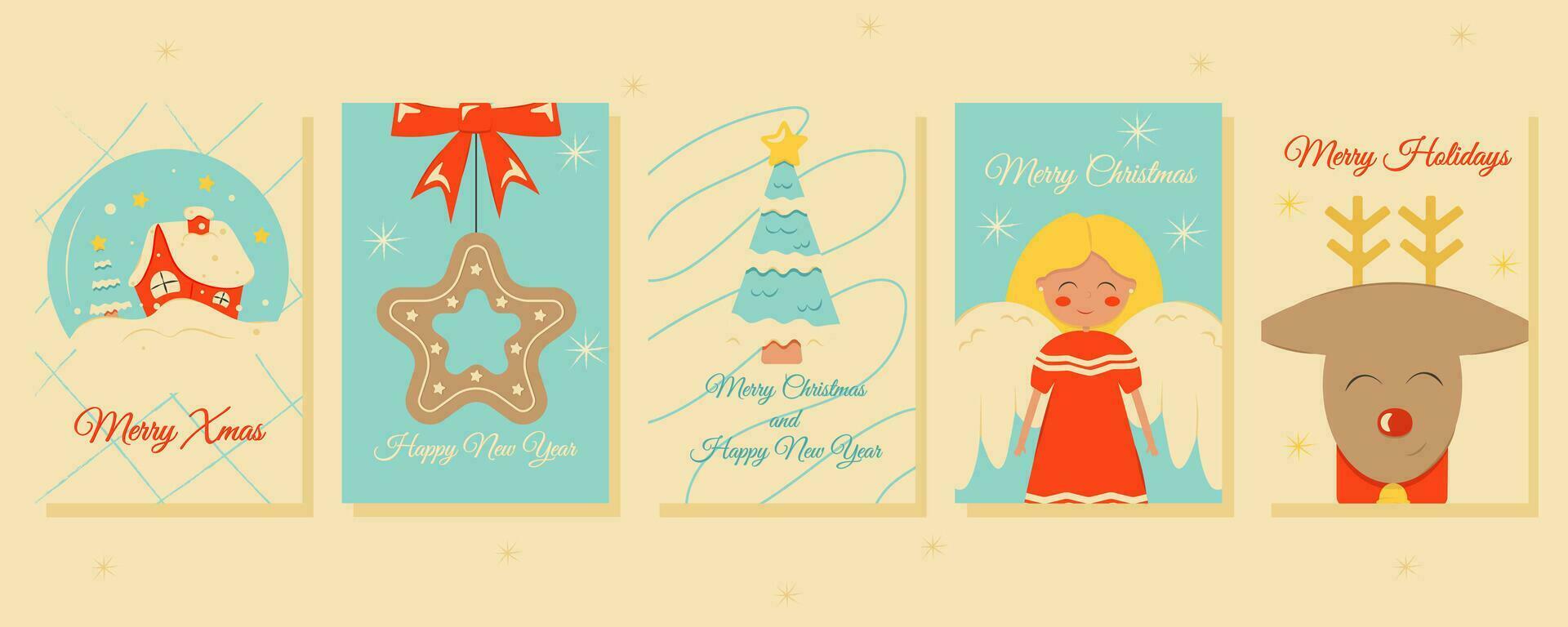 Set of Christmas and New Year posters and greeting cards in retro style. vector