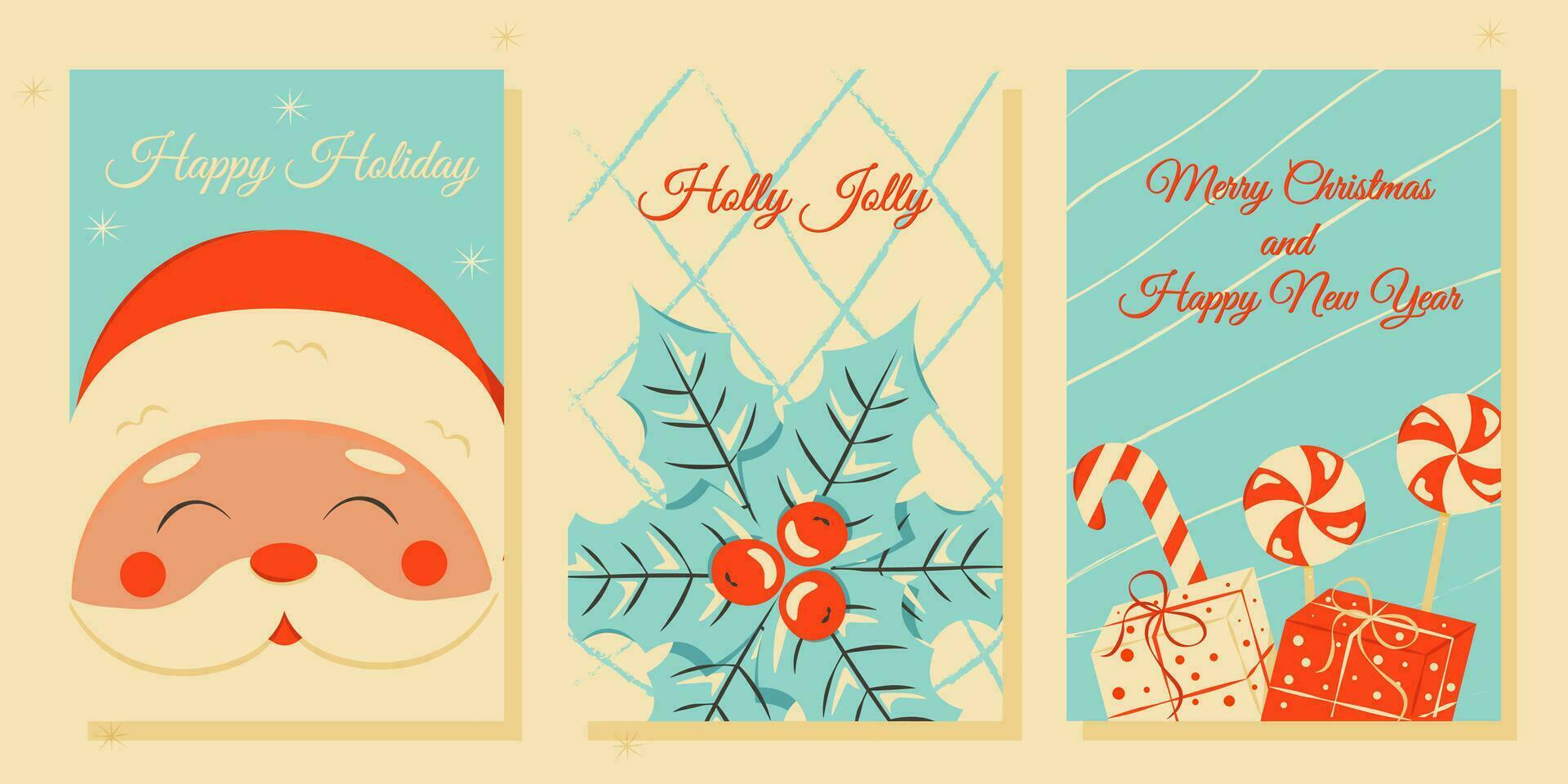 Set of Christmas and New Year posters and greeting cards in retro style. vector