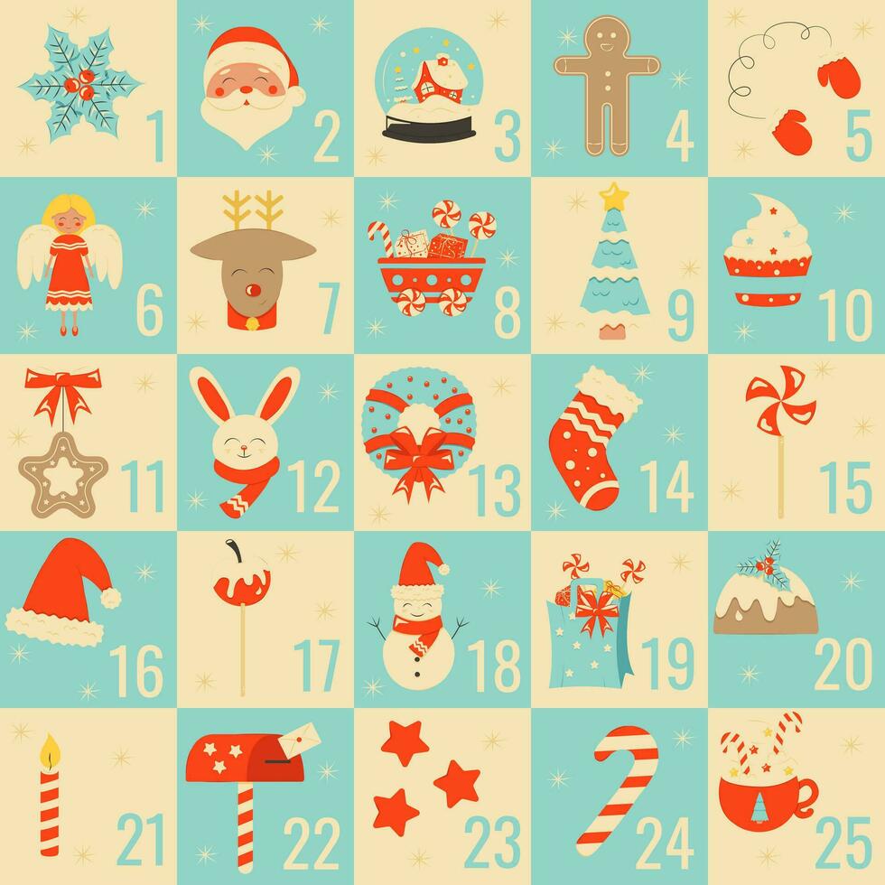 Navidad adviento calendario. vector ilustración en retro estilo.