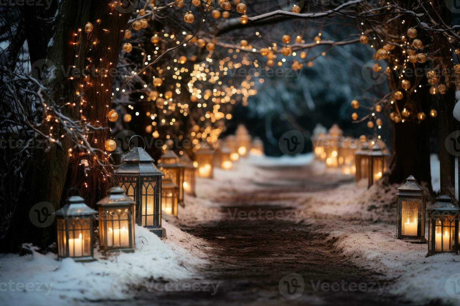 AI generated Inviting path illuminated by glowing lanterns, christmas wallpaper photo