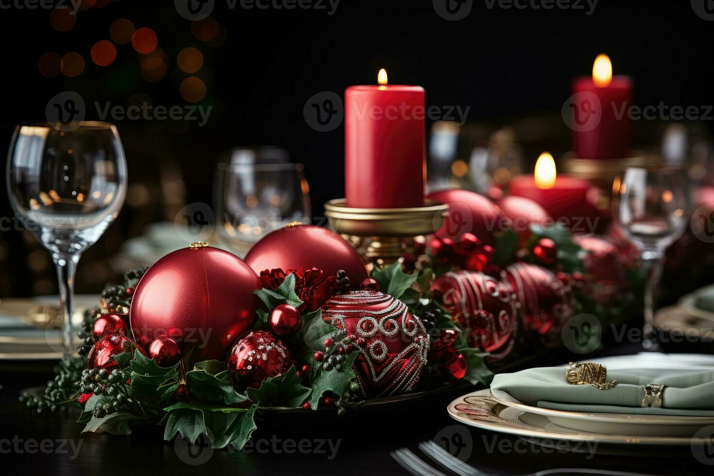 AI generated Ornamental delight festive table setting for a holiday feast, christmas picture photo