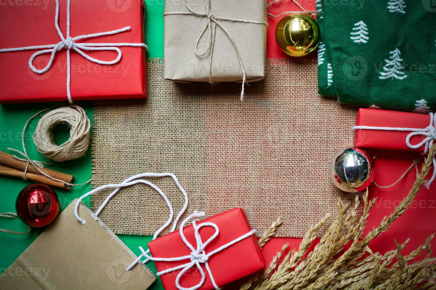 Christmas gift box winter new year concept. Flat lay top view photo
