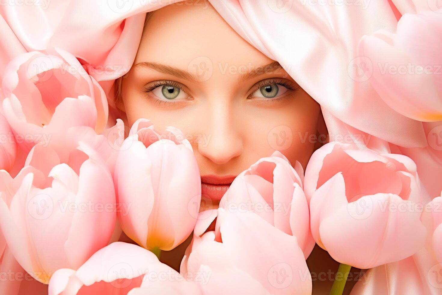 AI generated Mysterious Young Woman Peering Through Pale Pink Tulips photo