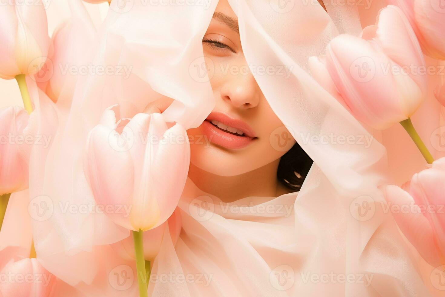 AI generated Ethereal Close-Up of Woman with Pink Tulips and Sheer Veil photo