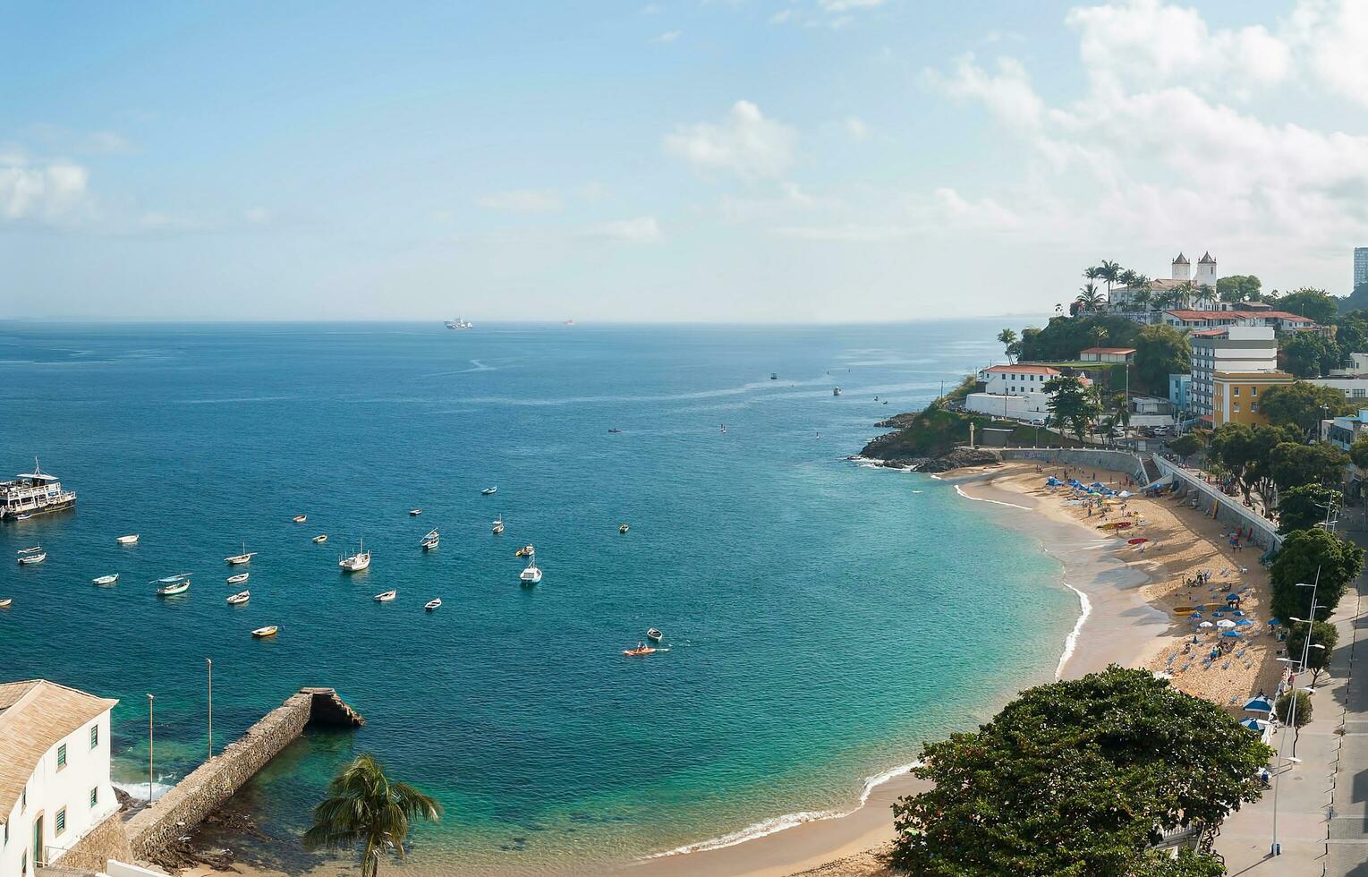 Drone aerial view of Porto da Barra beach in Savaldor Bahia Brazil. photo