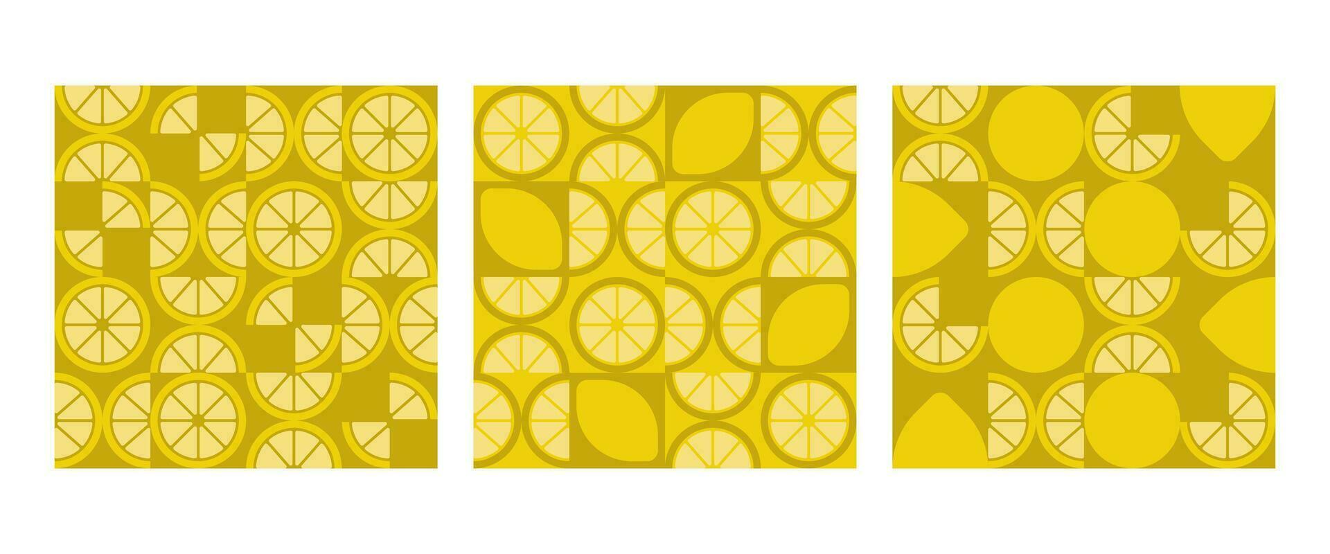 Set of geometric abstract seamless lemon patterns. Background, fruits. Modern abstract design. Contemporary style. Vector illustration