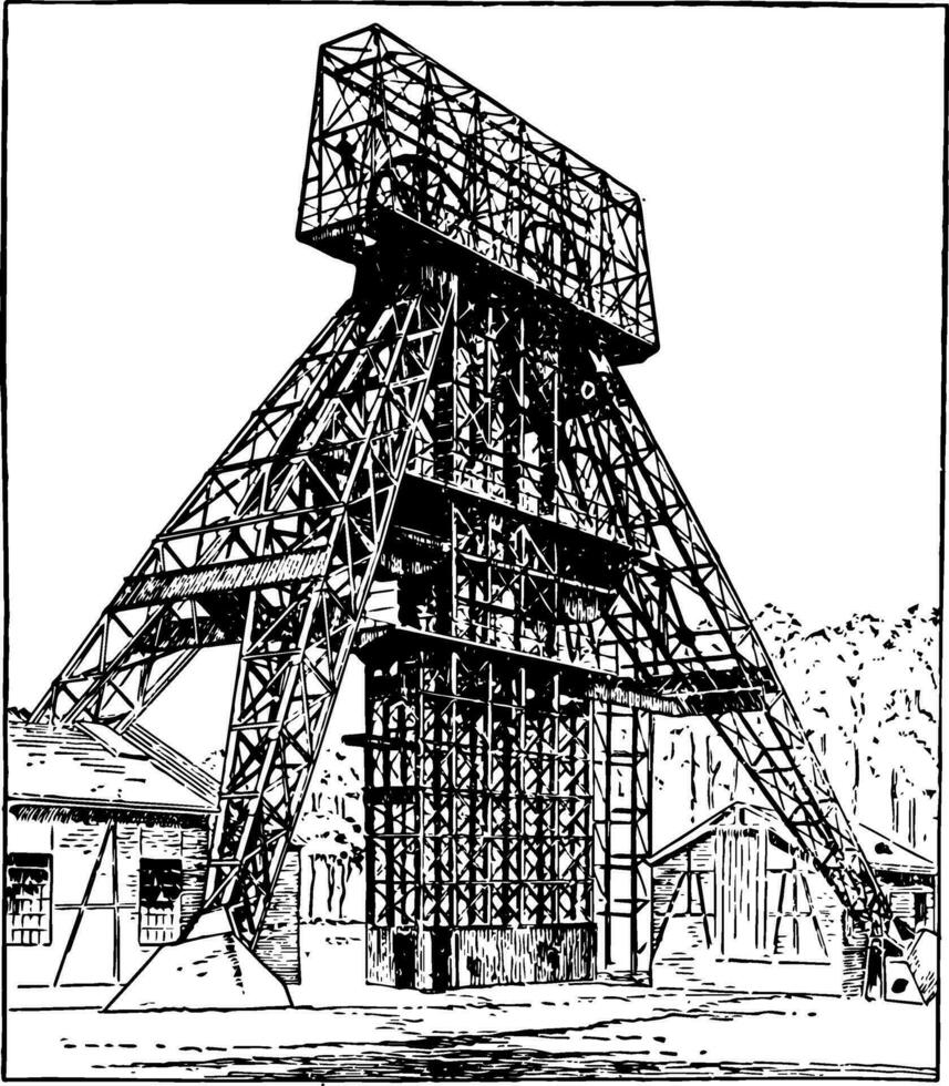 German Steel Mining Headgear Hoist Tower vintage illustration. vector