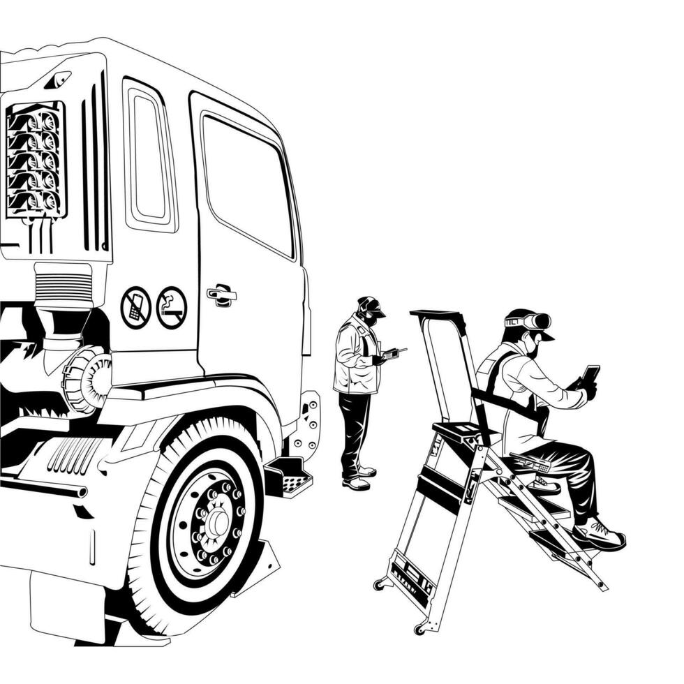 Graphic vector illustration of a professional worker stopping in front of a truck