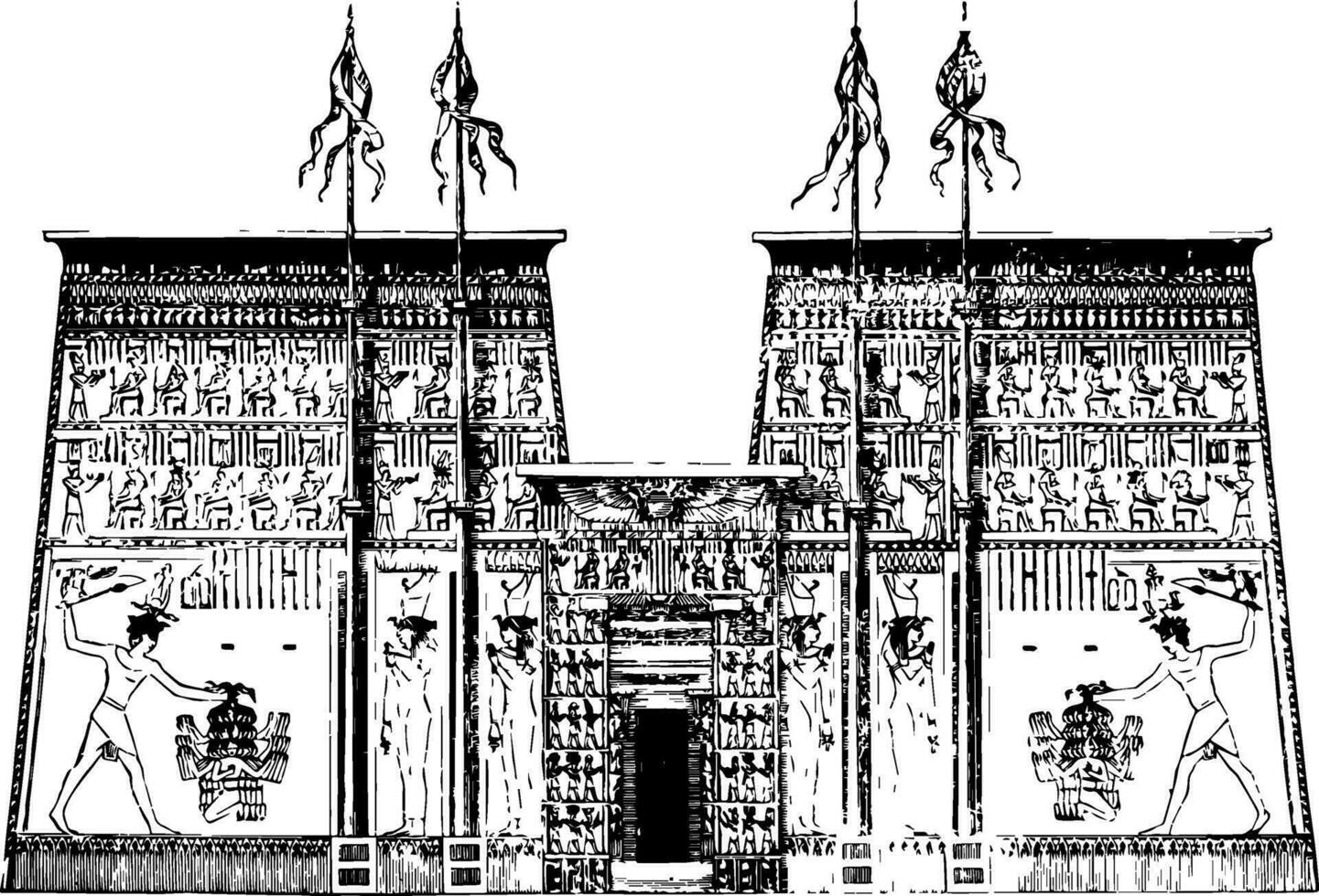 Pylon of the Temple of Edfu architecture vintage engraving. vector