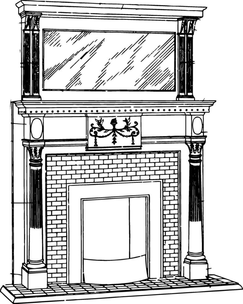 Small Brickwork Mantel fireplace,  vintage engraving. vector