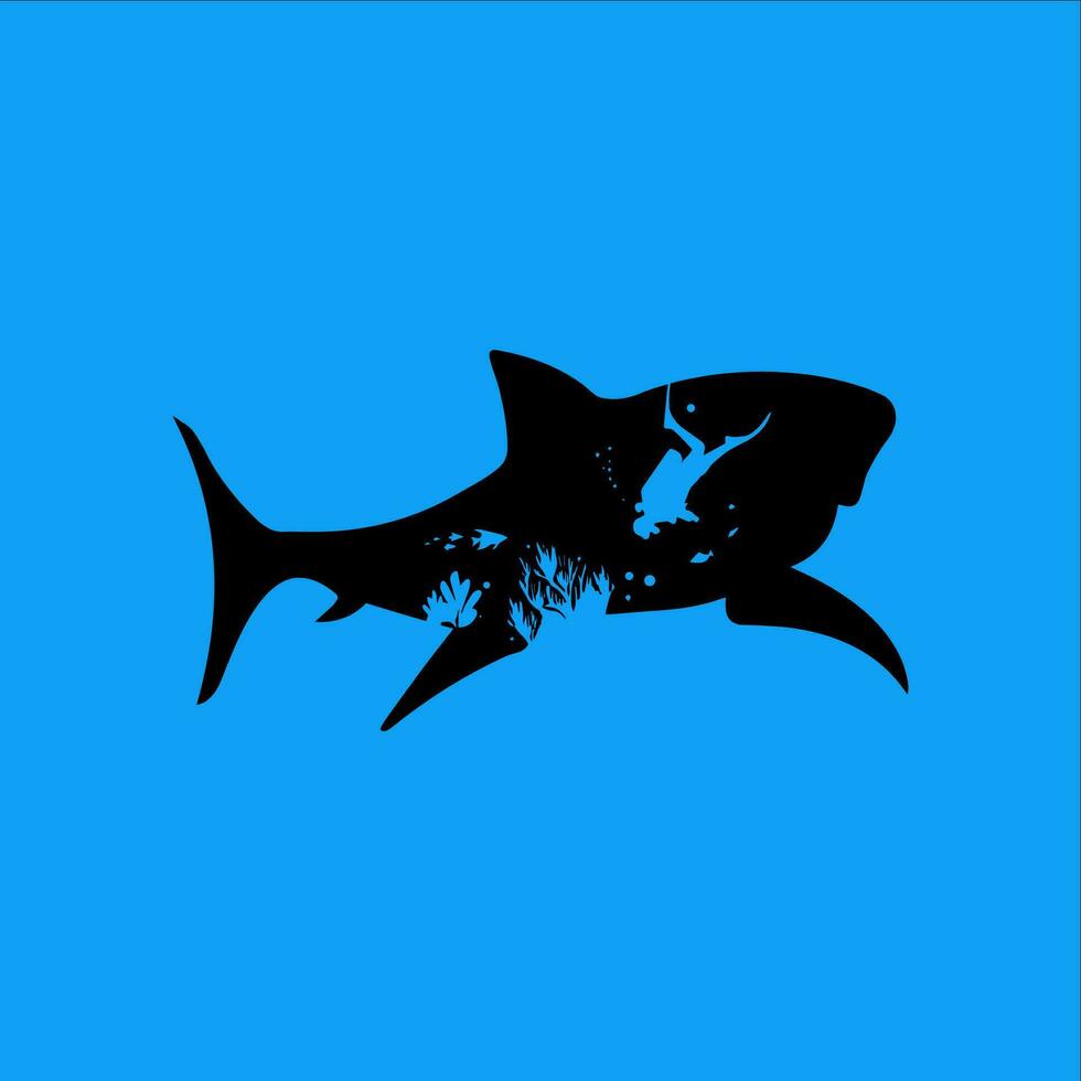 illustration of the diver's shadow in a shark vector
